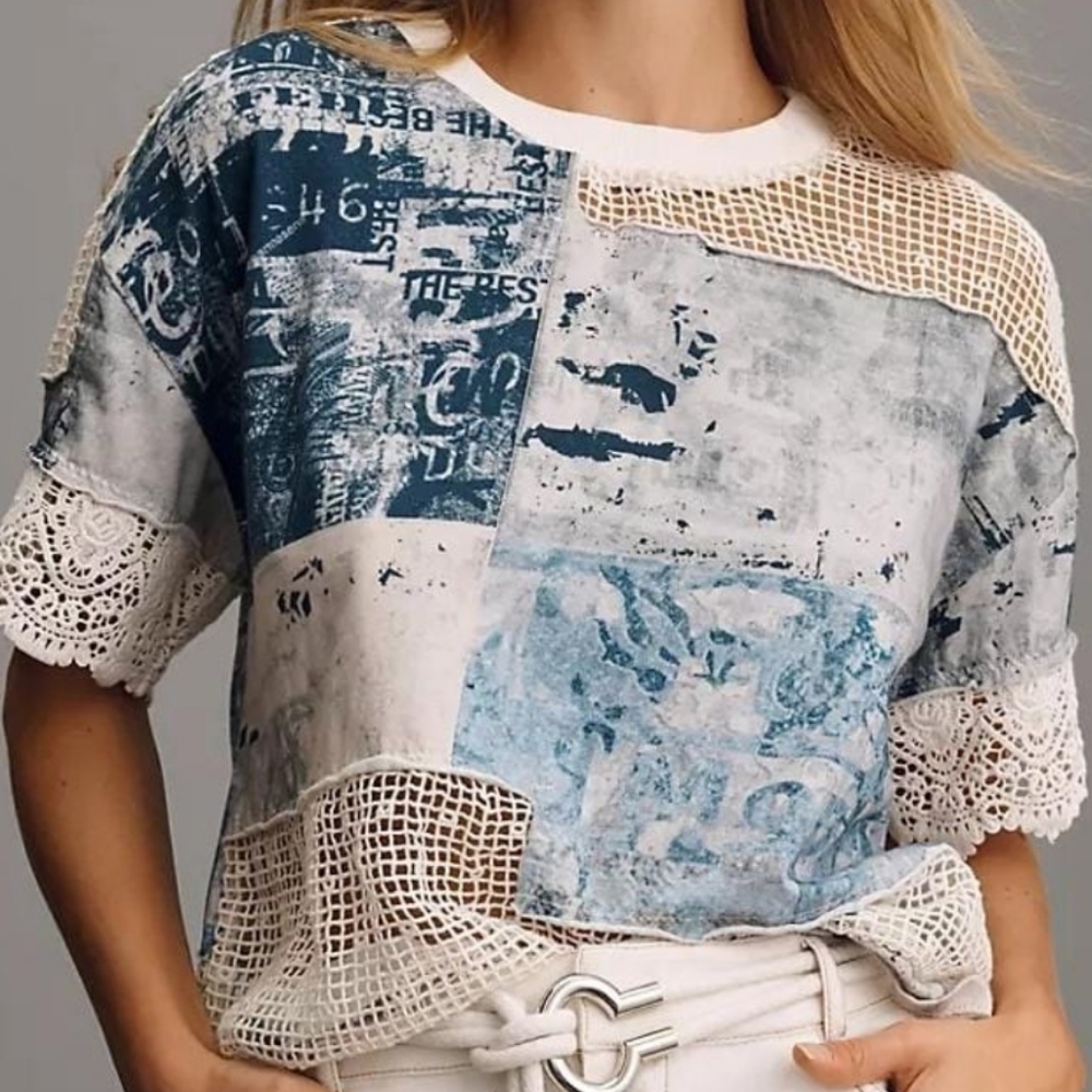 Anthropologie mixed media cotton lace printed tee size Small. NWOT